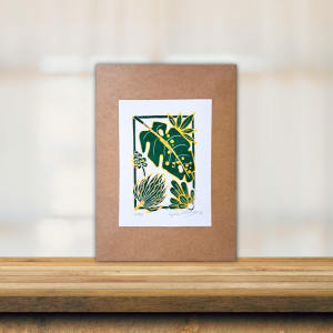 linogravure monstera vert et doré