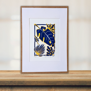 linogravure monstera bleu doré