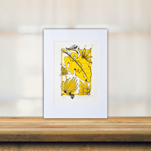 linogravure monstera jaune et insectes
