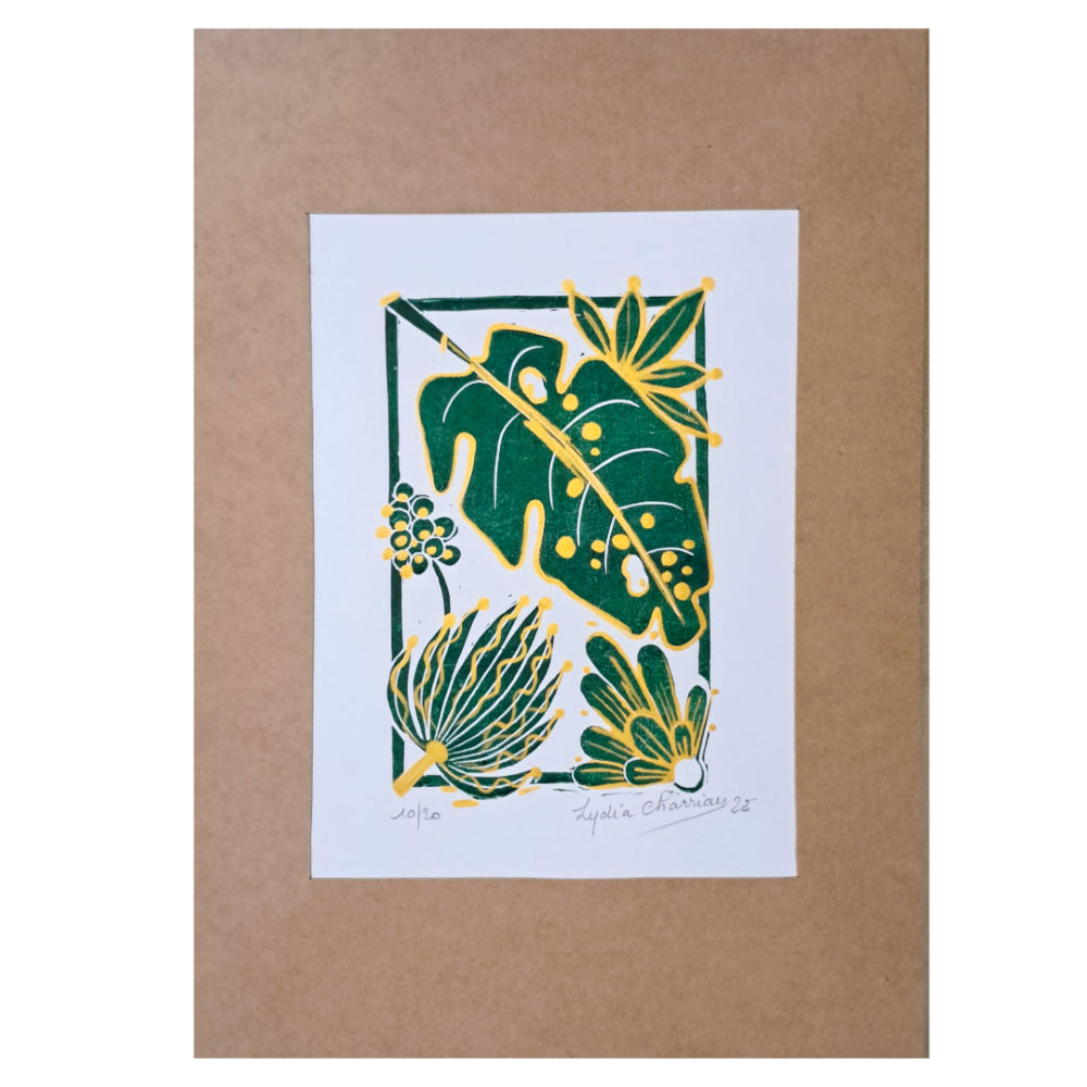 linogravure monstera vert et doré