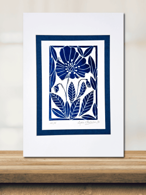 linogravure pavot bleu